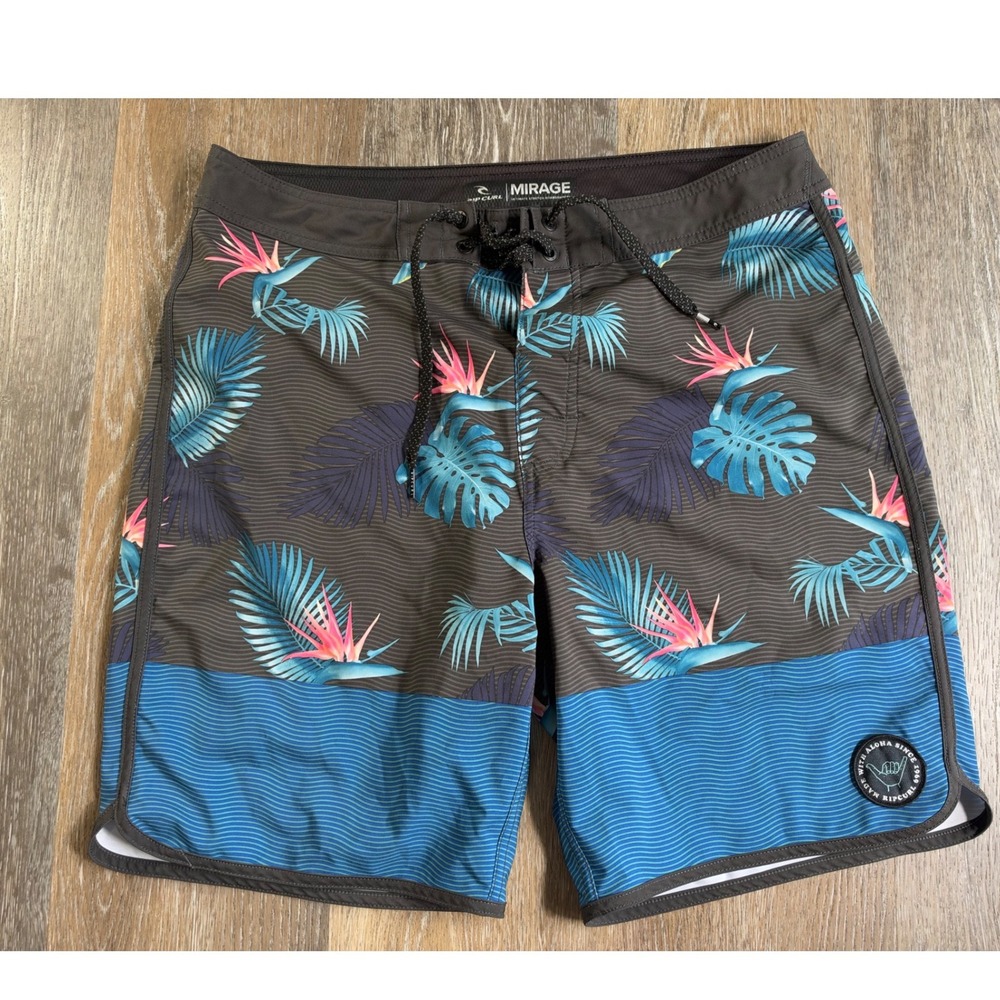 Rip Curl Mirage Boardshorts Mens 32 Grey Blue Tropical Bird of Paradise Stretch
